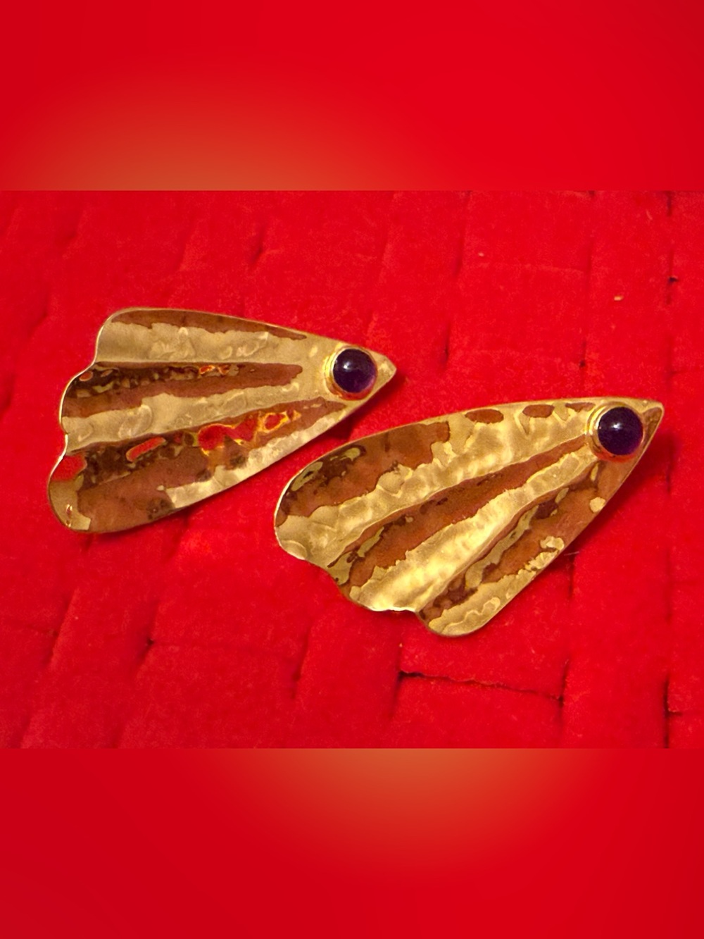 Vintage Gold Hammered Fan Earrings with Purple Accent